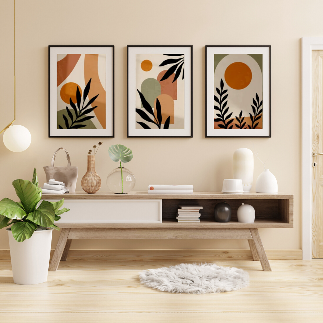 SET Of 3 Wall Art Bohemian Sun & Ferns - Botanical