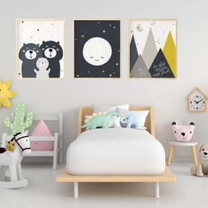 SET Of 3 Wall Art Panda Couple & Moon and Mountains