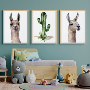 SET OF 3 Wall Art Nursery Alpaca Cactus Painting