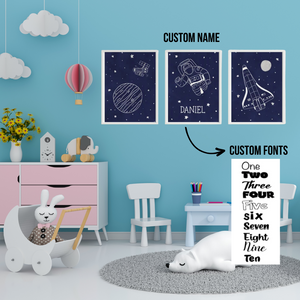 SET Of 3 Wall Art Nursery Space & Astronaut Customizable