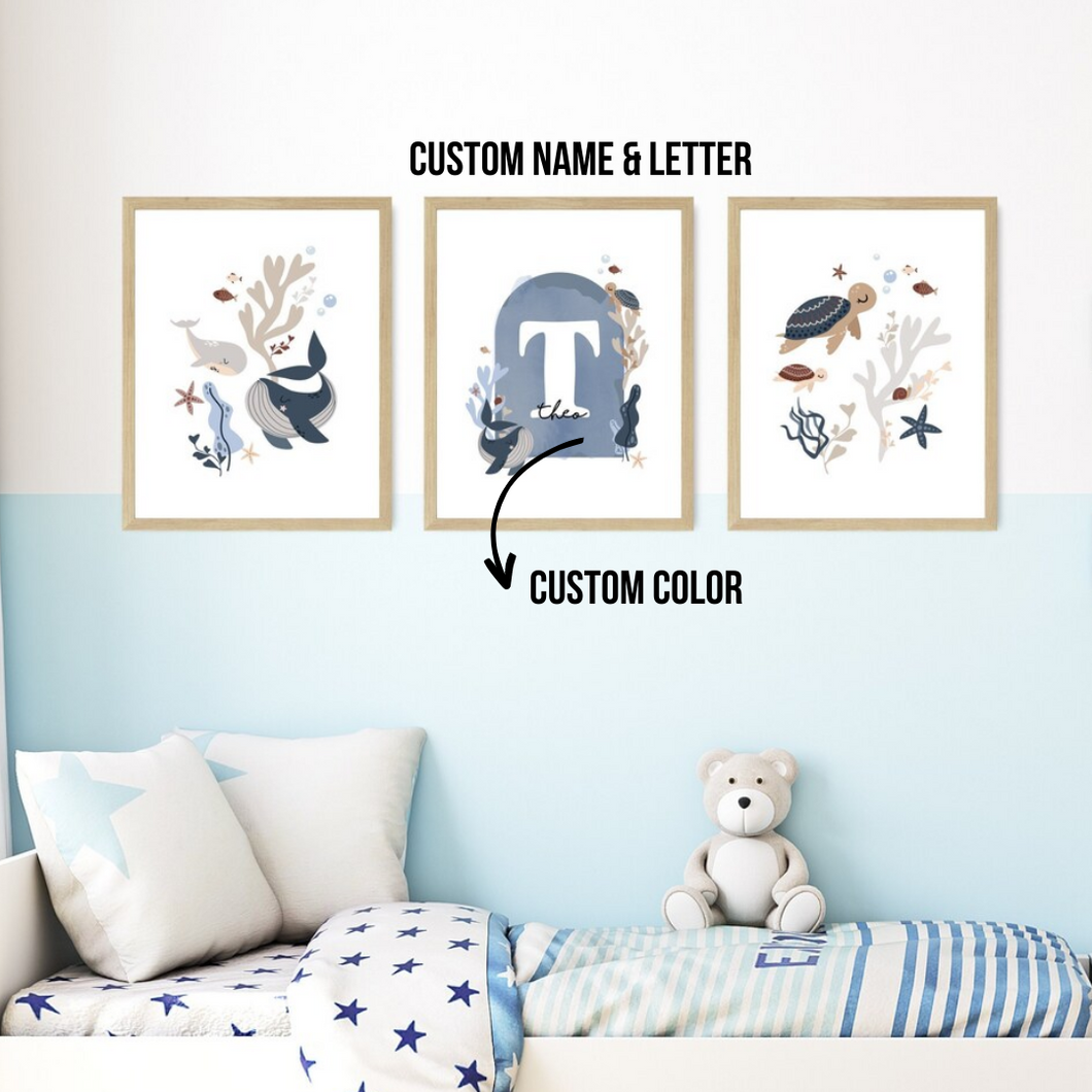 SET Of 3 Wall Art Customizable Nursery Name Ocean Cute Style