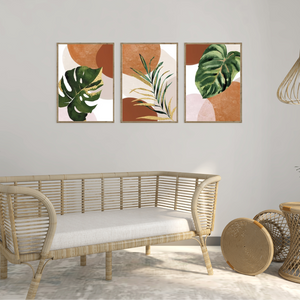 SET Of 3 Wall Art, Boho Mid-century Leaves