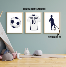 Load image into Gallery viewer, SET Of 3 Wall Art Customizable Name Soccer Player &amp; Shirt
