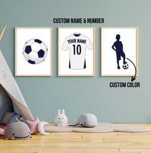 SET Of 3 Wall Art Customizable Name Soccer Player & Shirt