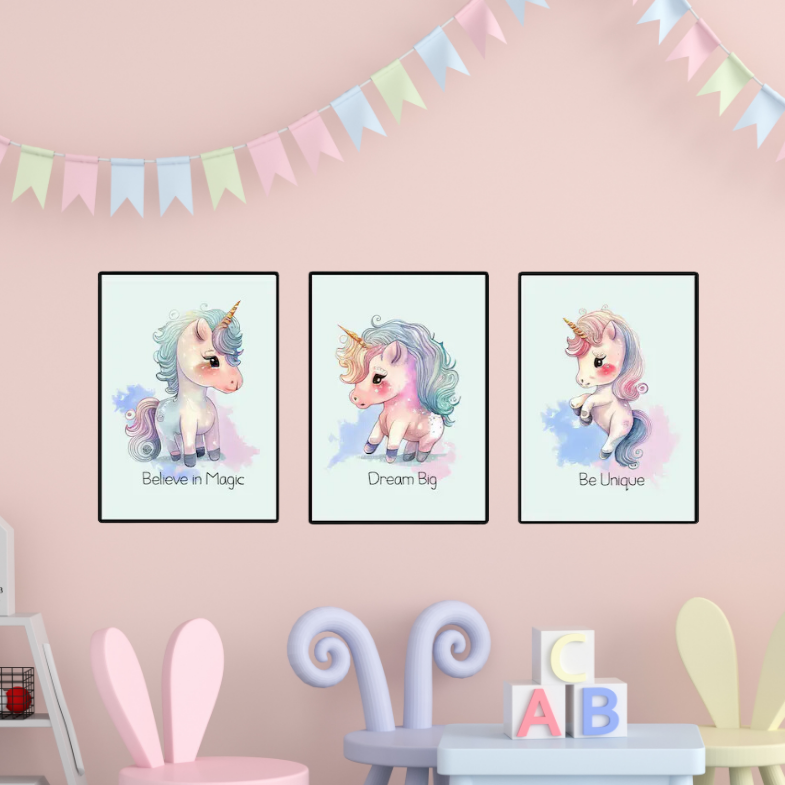 SET Of 3 Wall Art Nursery Cute Unicorn