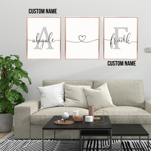 SET Of 3 Wall Art For Couples Customizable Names Between a Heart