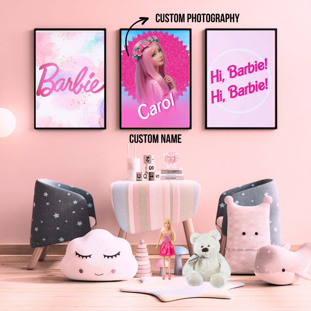 SET Of 3 Wall Art Customizable Name & Photography Barbie Style