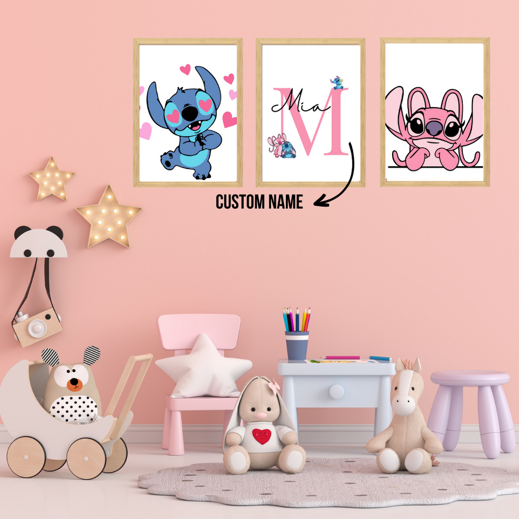 SET Of 3 Wall Art Customizable Nursery Kids Name Stitch