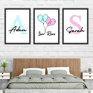 SET Of 3 Wall Art for Couple Heart Ballons & Names