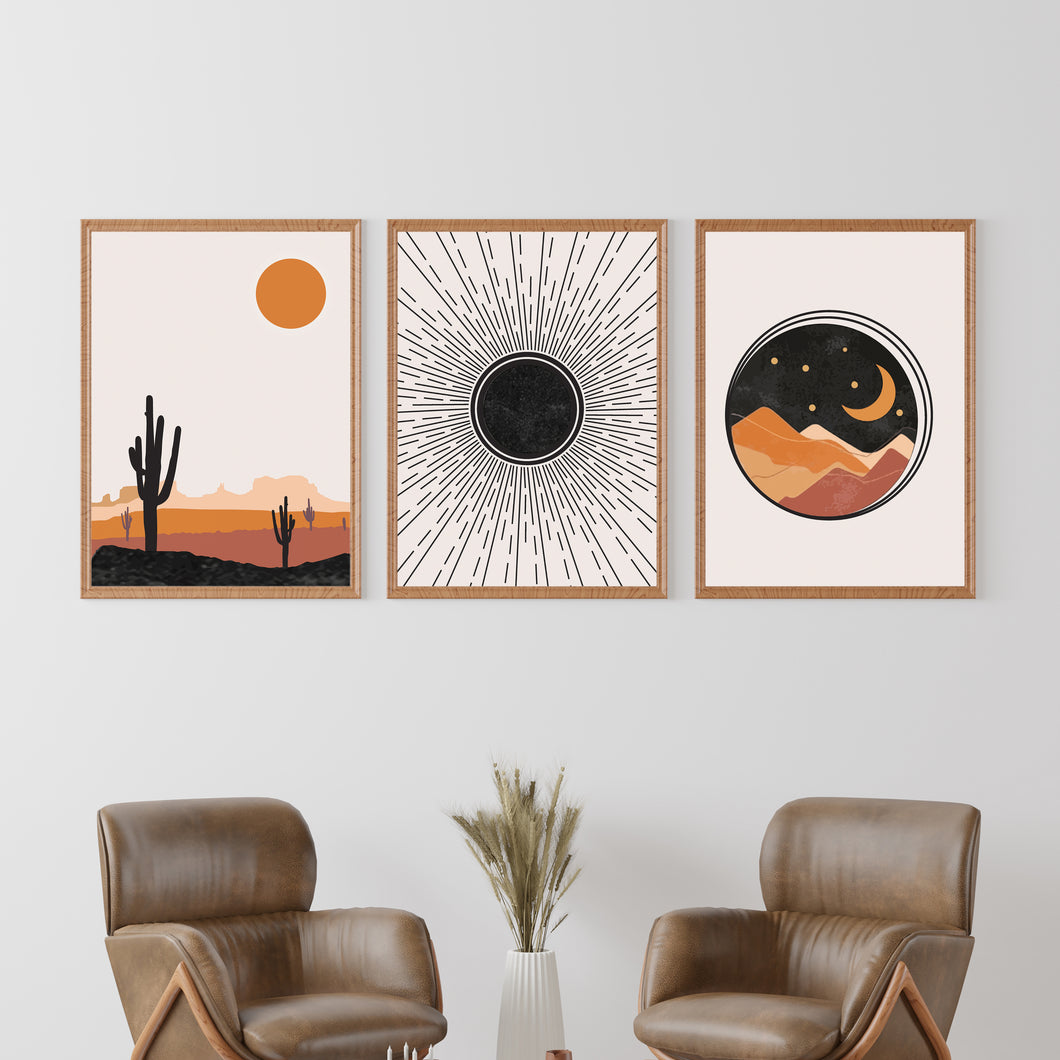 SET of 3 Wall Art Mid Century Sun & Moon Boho Print