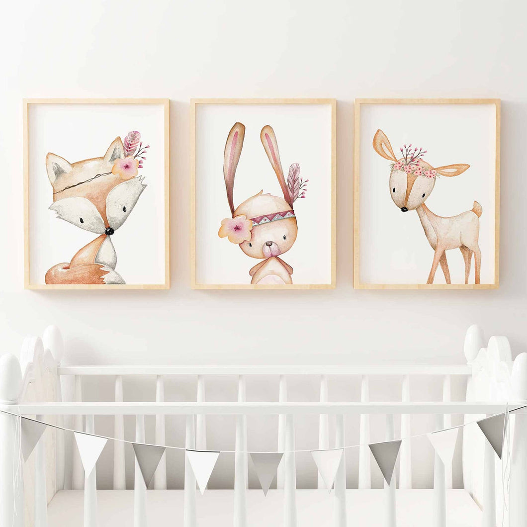 SET Of 3 Wall Art Nursery Cute Forest Animals