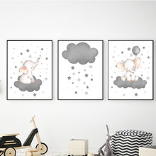 Load image into Gallery viewer, SET Of 3 Wall Art Nursery Cute Elephant in clouds
