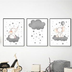 SET Of 3 Wall Art Nursery Cute Elephant in clouds