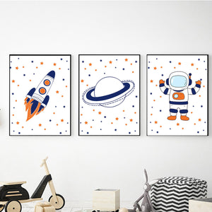 SET Of 3 Wall Art Nursery Outerspace Rocket & Astronaut