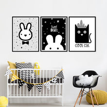 Load image into Gallery viewer, SET Of 3 Wall Art Nursery Black &amp; White Rabbit and Cat
