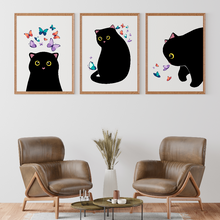 Load image into Gallery viewer, SET Of 3 Wall Art Cute Black Cat Playing With Butterflies
