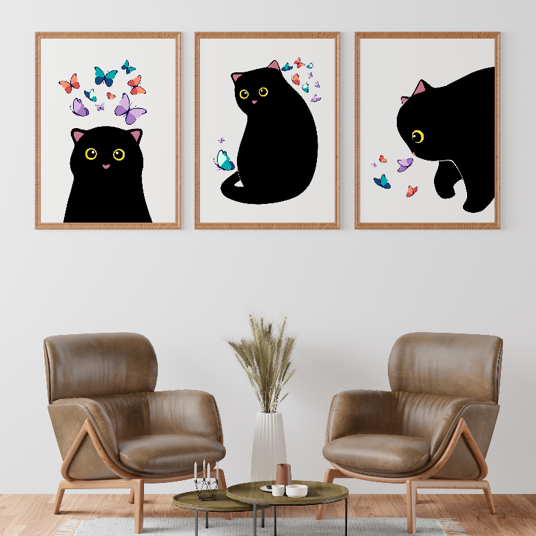 SET Of 3 Wall Art Cute Black Cat Playing With Butterflies