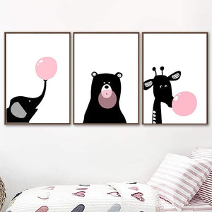 SET Of 3 Wall Art Nursery Animals with Bubble